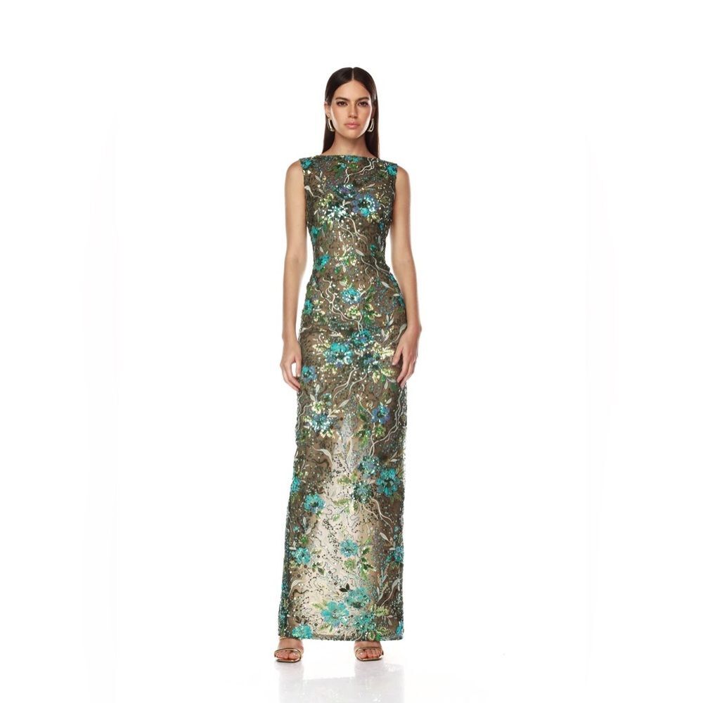 NWOT BRONX AND BANCO Violet Teal Maxi Dress , Elegant Floral Gown